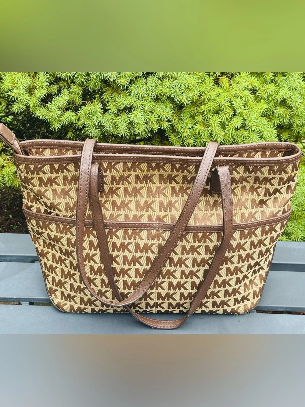 💗Michael Kors Jet Set Signature MK Brown Zip Tote Shoulder Bag💗